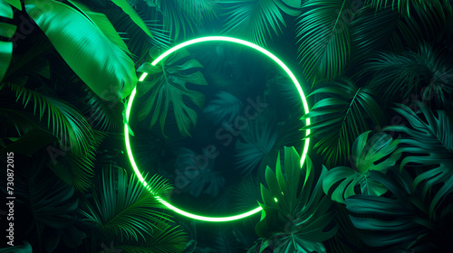 Obraz na płótnie Modern trendy neon glowing light with neon green palm tropical leaves on a blue background. Design template. Frame with copy space for text. Top view, flat lay.Generative AI w salonie