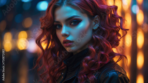 A young woman with red hair and dramatic makeup in a night urban setting with lights in the background © odela