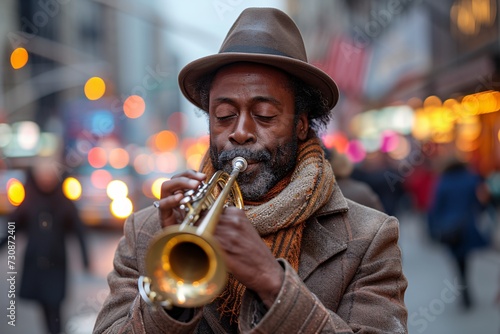 Hipster Haven  A Man in a Fedora and Scarf Plays a Trumpet on a Bustling Street Generative AI