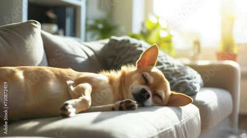 A cute chihuahua dog sleeping on a cozy sofa in a living room photo