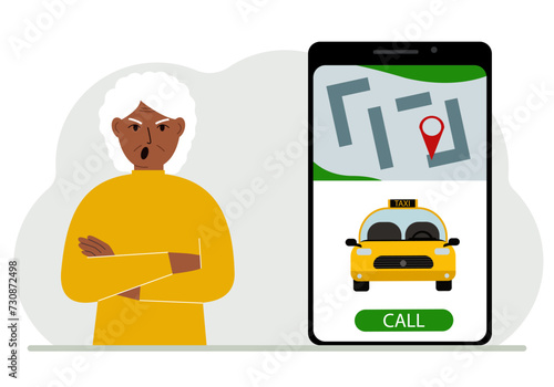 A woman next to a large smartphone on the screen which has a taxi and geolocation. The concept of a mobile taxi application or ordering a taxi online.