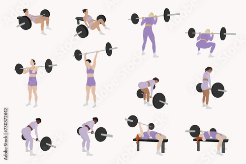 Women Weightlifting at the Gym Assorted Minimal Cutout Flat Vector Illustrations Pack