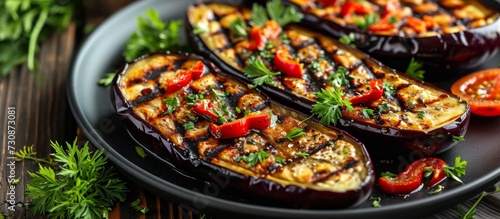 Grilled eggplant with veggies, herbs, and sauce is a vegetarian option.