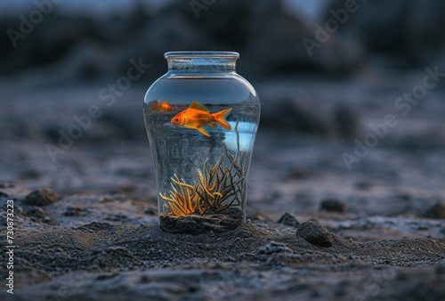 A solitary fish gazes longingly at the outdoor world beyond its glass jar prison, longing for the freedom and fresh water of the ground below photo
