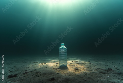 A lone water bottle bobs in the endless ocean, a beacon of fluid light amidst the vast expanse of nature's liquid embrace