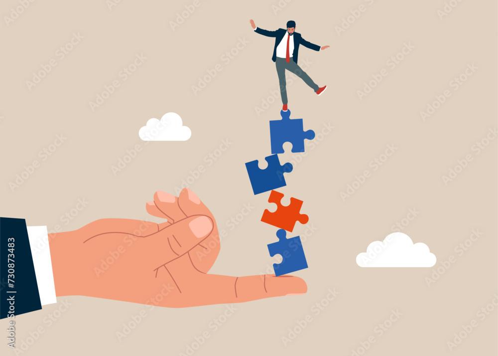 Hand reach to help businessman no falling from stack of unstable puzzle. Balance cooperation and investment. Flat vector illustration