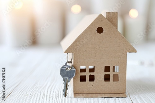 A model of a cardboard house on a table with a key photo