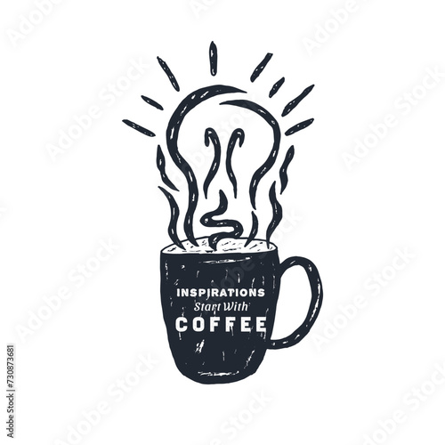 Coffee hand drawn with steam shaping light bulb logo concept. Inspirational quotes with cup of coffee vector illustration art.