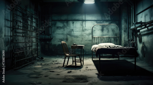 An empty prison cell with a bed and a table