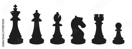 Chess piece icon collection. Figure for chess game. Black shiluette king, rook, queen, horse, pawn and bishop. Vector illustration. 