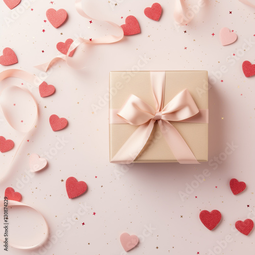 A beautiful giftbox with a bow on a pink color background with heart shaped sequences of confetti and ribbons. 
