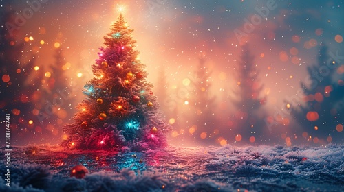 Holiday Glow: A Colorful Christmas Tree in the Snow Generative AI © Bipul