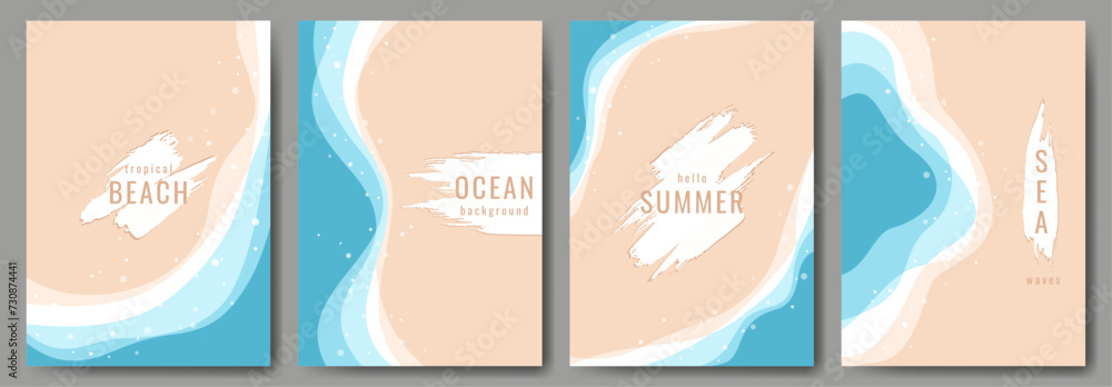 A collection of summer travel flyers. Top view of the beach, sand, sea shore, blue waves. Sea background. Vector illustration. Travel concept.