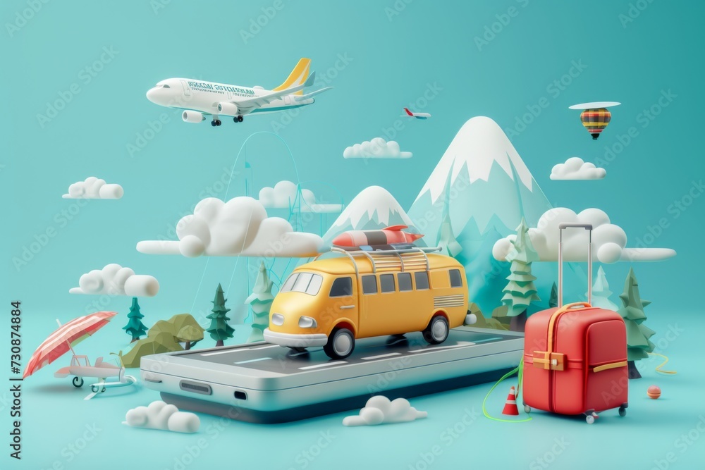 Vacation and travel concept with a care, airplane and other accessories. Time to travel.