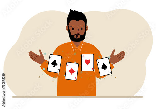 Man holding playing cards cards. Playing combination of 4 aces or four of a kind.