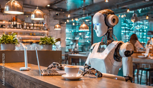 robot, cyborg, restaurant, coffee shop, future
