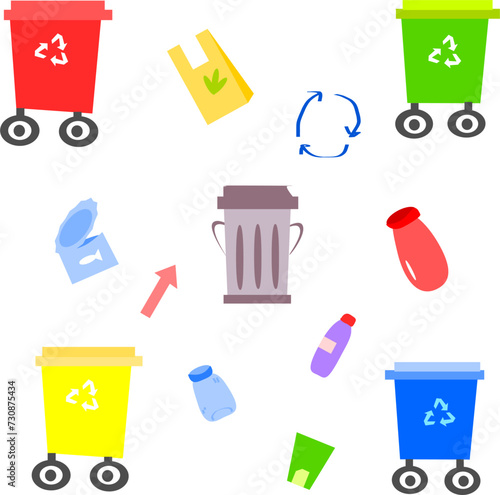 Garbage sorting set and trash cans. Vector infographics about waste separation and recycling. Recycling of garbage and environmental waste.