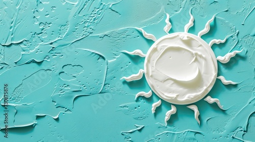 Sun made of sunscreen on blue background. Generative AI photo