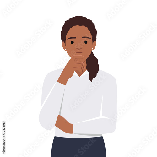 A beautiful woman with her hand on her chin showing a thought, thinking, or having a question. Flat vector illustration isolated on white background