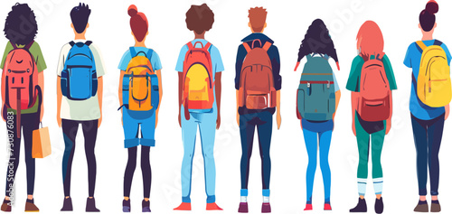 People with backpacks, tote bags, rucksacks from behind, back view. Men, women with knapsacks, purses set. Tourists and citizens backside. Flat graphic vector illustration isolated on white background