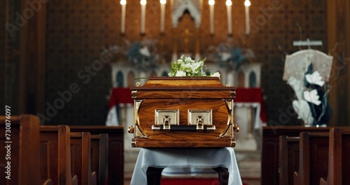 Quadro em tela Coffin, church and funeral service in closeup, memorial and event to celebrate life, worship and faith