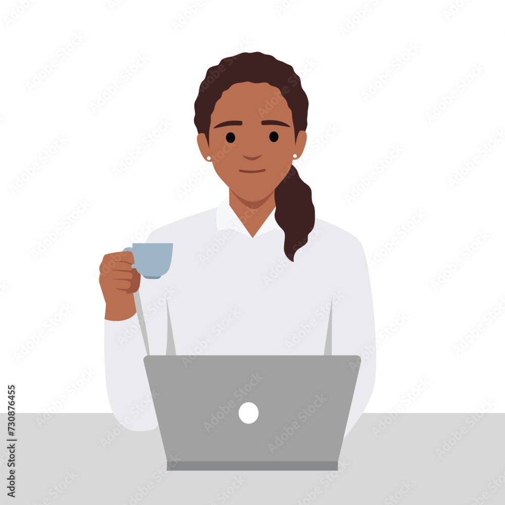 Girl work at laptop pc drinking coffee at workplace. Young female freelancer work at project outdoors at coworking space, coffee shop. Freelance occupation concept Girl work at laptop pc drinking coffee at workplace. Young female freelancer work at project outdoors at coworking space, coffee shop. Freelance occupation concept