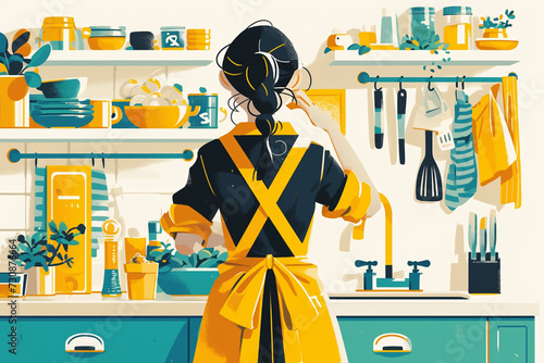 Illustration of hosewife in apron at kitchen photo