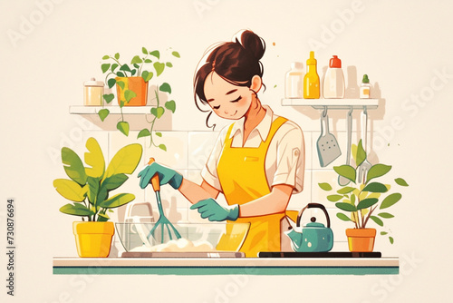 Illustration of hosewife in apron at kitchen photo