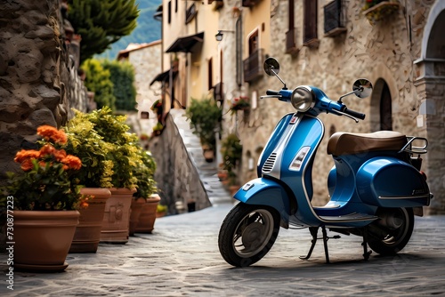 Charming blue scooter stationed on a cobblestone street in a small Italian town, surrounded by rustic architecture and timeless charm