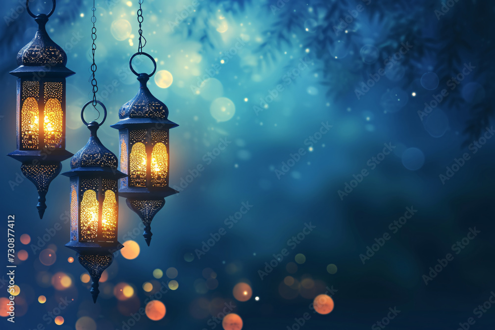 Arabesque lanterns hanging with festive glow for Ramadan celebration Arabesque lanterns hanging with festive glow for Ramadan celebration