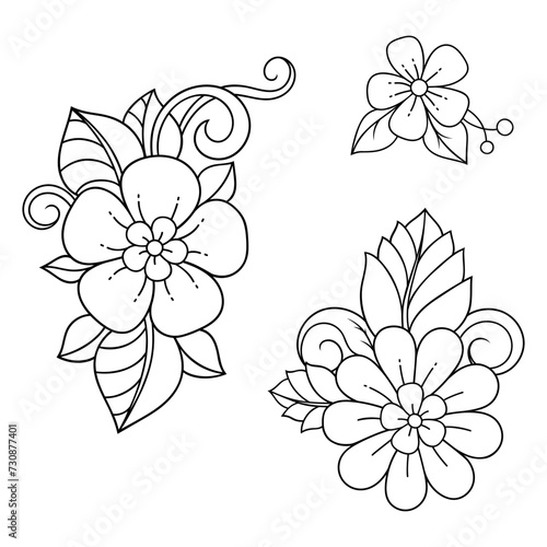 Fototapeta Naklejka Na Ścianę i Meble -  Set of Mehndi flower pattern for Henna drawing and tattoo. Decoration in ethnic oriental, Indian style. Doodle ornament. Outline hand draw vector illustration.
