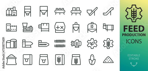 Feed production equipment isolated icon set. Set of compound feed plant, screw conveyor, feed granulator, mixer, pellet cooler, extruder machine, drum dryer, animal feed storage silos vector icons