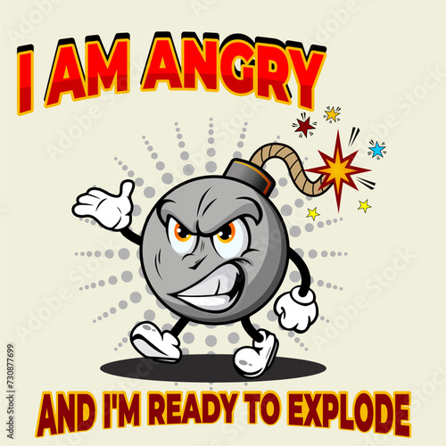 Vector illustration of retro cartoon bomb mascot character with angry face, perfect for t-shirts, stickers, posters, etc photo