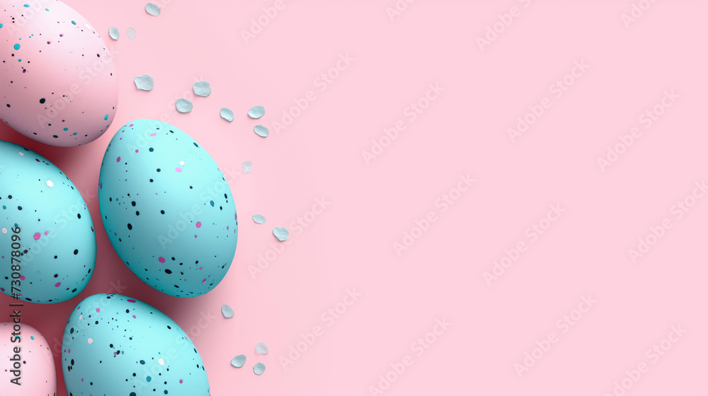 Pink and blue Paschal eggs on light background with copy space. Easter greeting card