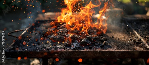 Nature's gas burner sparks and ignites an old rusty iron barbecue, causing coals to flare up on a day off.