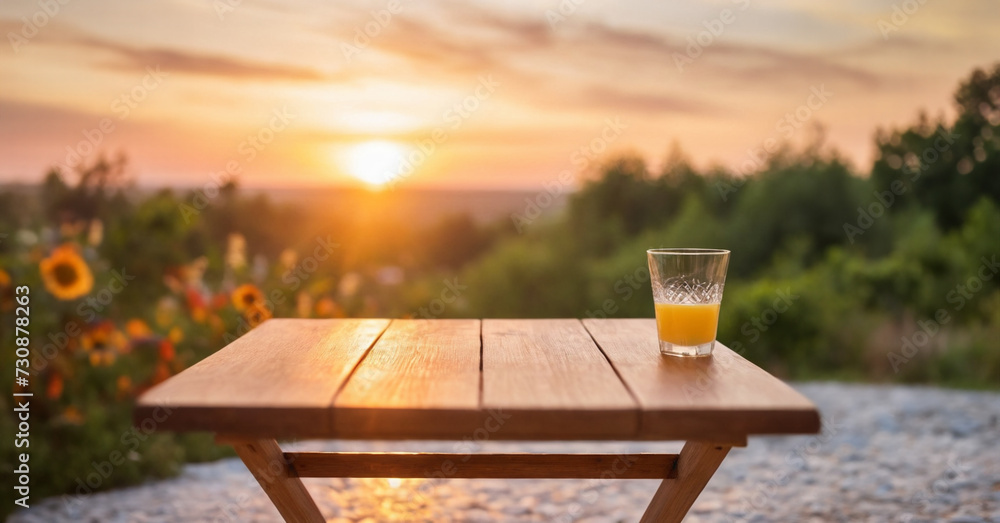 Fototapeta premium Lemons and a orange juice glass on a table with summer themed background