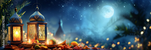 Ramadan Lanterns and Fruits with Moonlit Sky