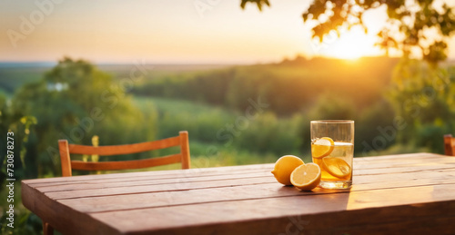 Lemons and a water glass on a table with summer themed background