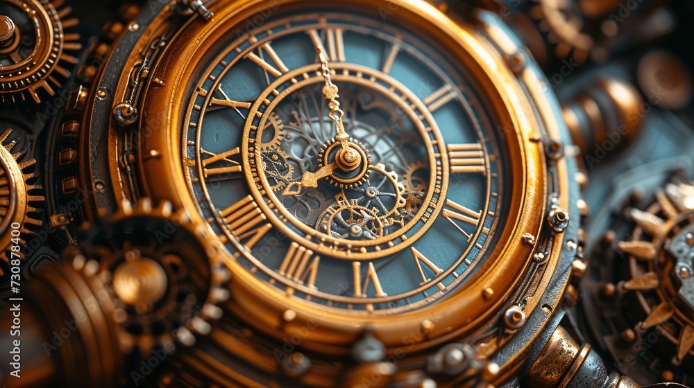 Golden Clock with Roman Numerals and Blue Background Generative AI