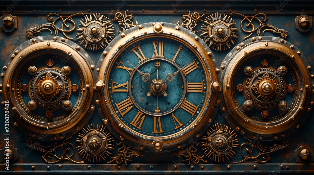 Golden Clock with Roman Numerals and Sun Designs Generative AI