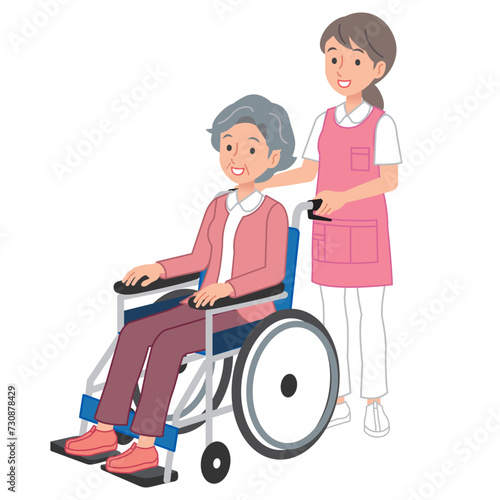 車椅子に乗るシニア女性　介護スタッフ　イラスト