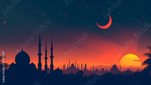 Ramadan Kareem banner with mosque silhouette and sunset background