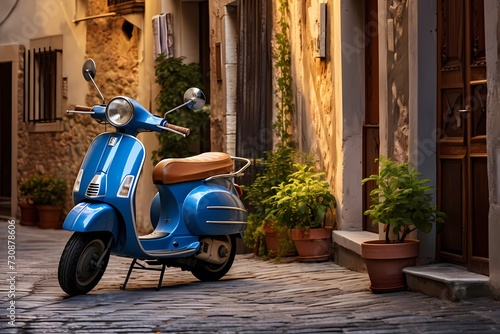 Classic blue scooter parked in a tranquil alley of an Italian village  with vibrant shutters and traditional buildings creating a picturesque scene