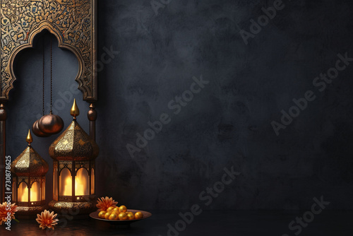 Traditional Ramadan Lanterns and Dates on Arabesque Plate