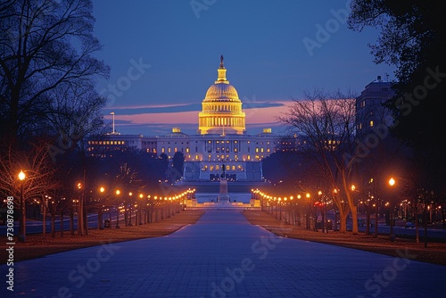 Illuminated Pathway to the Capitol: A Stunning Nighttime View of the United States Capitol Building Generative AI