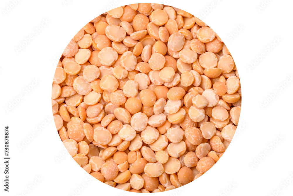 Dried pea grains, divided into halves, are yellow in color when raw Dried pea grains, divided into halves, are yellow in color when raw