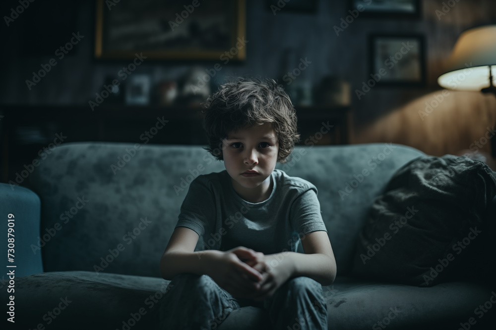 A sad and bored boy of about 5 years old sitting on the sofa in a thoughtful attitude. He has psychological problems A sad and bored boy of about 5 years old sitting on the sofa in a thoughtful attitude. He has psychological problems