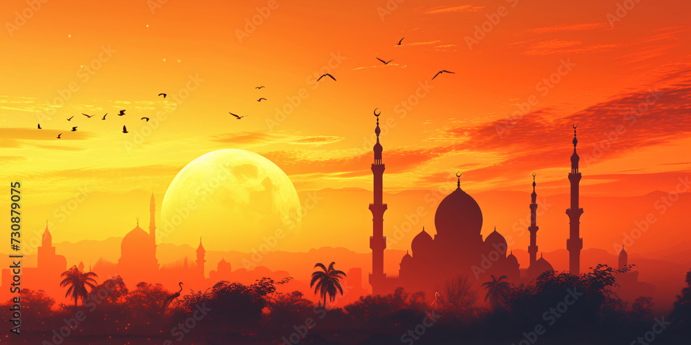 Islamic Mosque Silhouette against a Fantasy Sunset Sky with Crescent Moon