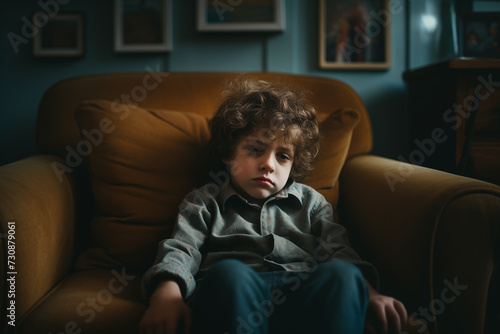 A sad and bored boy of about 5 years old sitting on the sofa in a thoughtful attitude. He has psychological problems
