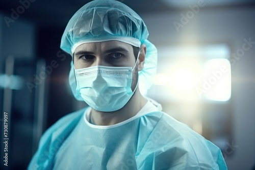 Close-up of a male surgeon with a mask on his face. Sterile medical form. Doctor before operating room